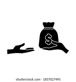 Hands Hold A Bag Of Money And Give It To Other Hands. Vector Icon, Black Silhouette, Isolated On White Background, Esp 10. Concept: Bribe, Credit, Loan.