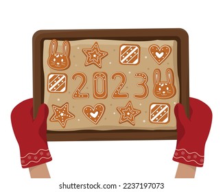 Hands  hold a baking sheet with gingerbread, cookies. Christmas, New year. Vector illustration on white background.