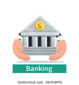 Hands hold bank building. Vector  concept illustration. Bank building icon. Isolated on white background. 