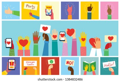 Hands hold banners with different messages. Modern concept for web banners, web sites, infographics. Creative flat design vector illustration 