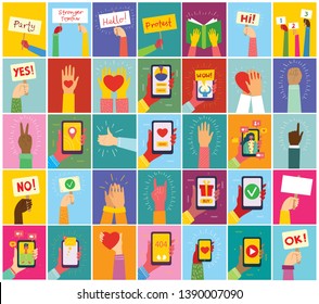 Hands hold banners with different messages. Modern concept for web banners, web sites, infographics. Creative flat design vector illustration 
