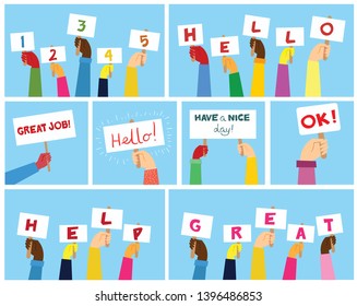 Hands hold banners with different messages. Modern concept for web banners, web sites, infographics. Creative flat design vector illustration 