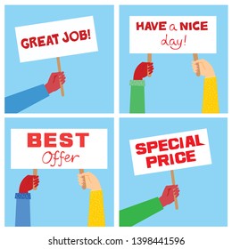 Hands hold banners with different messages. Modern concept for web banners, web sites, infographics. Creative flat design vector illustration 