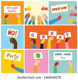 Hands hold banners with different messages. Modern concept for web banners, web sites, infographics. Creative flat design vector illustration 