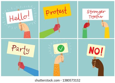 Hands hold banners with Hello! No! Party! Stronger togerher messages. Modern concept for web banners, web sites, infographics. Creative flat design vector illustration 