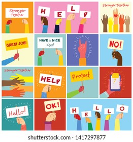 Hands hold banners and phone with different messages. Modern concept for web banners, web sites, infographics. Creative flat design vector illustration 