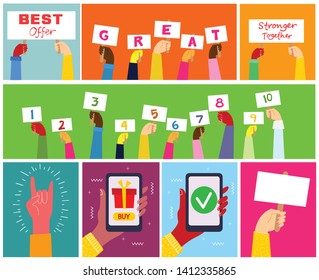 Hands hold banners and phones with different messages. Modern concept for web banners, web sites, infographics. Creative flat design vector illustration 