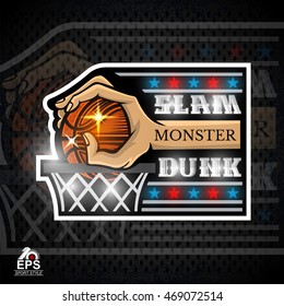 Hands hold basketball ball above basket slam dunk. Sport logo for any team or competition