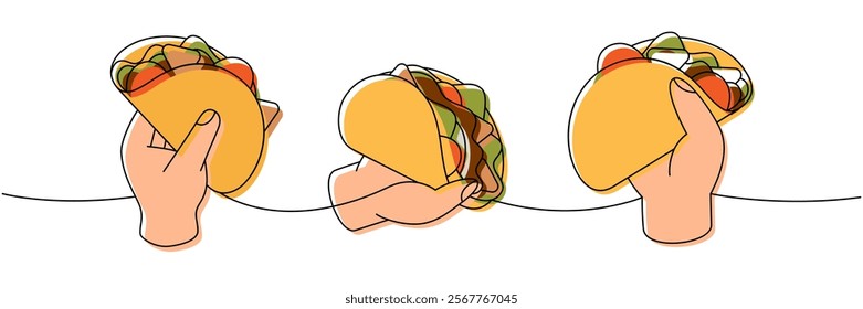 Hands hold beef tacos one line colored continuous drawing. Traditional Mexican street fast food. Vector linear illustration.