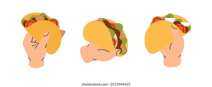 Hands hold beef tacos. Traditional Mexican street fast food. Vector illustration.