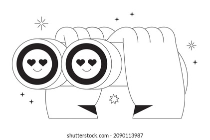 Hands hold binocular and look searching soulmate. Eyes with hearts full of love. Vector illustration for dating application or valentines day. Outline vector element for web, ui or application design.