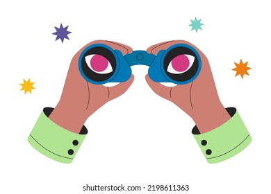 Hands hold binoculars, big pink eyes look forward through lenses. Concept of search, research, vision, view, spying. Future strategy, business opportunity, exploration,  web surfing, target search.