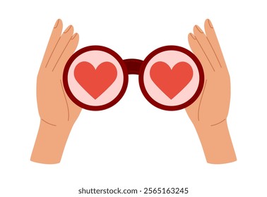 Hands hold binoculars with hearts. Looking for love, search for soul mate concept. Romantic symbol. Valentine's day element. Flat Vector illustration isolated on white background