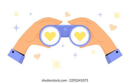 Hands hold binoculars with hearts. Love and romance. Design element for greeting postcard. Character looking for love, search for soul mate in internet concept. Cartoon flat vector illustration