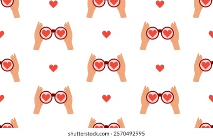 Hands hold binoculars with hearts seamless pattern. Looking for love, search for soul mate concept. Romantic symbol. Valentine's day background. Flat Vector illustration