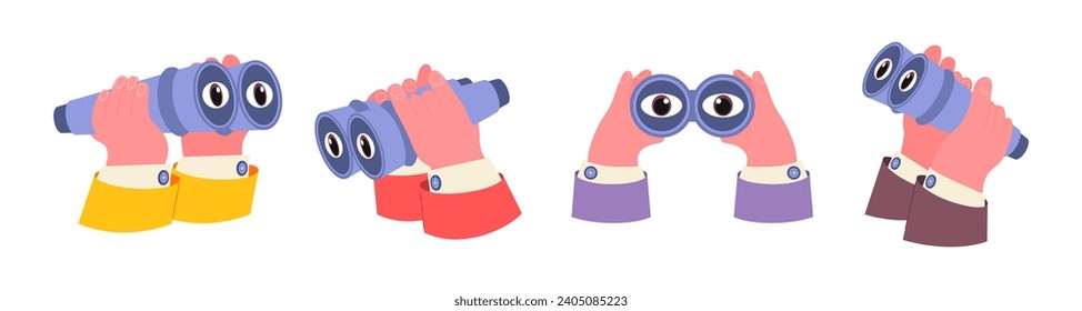 Hands hold binoculars, look into it with eyes, observe, look for work, see, spy, explore. Cartoon illustration in 90s retro groovy style