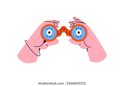 Hands hold binoculars, look into it with eyes, observe, look for work, see, spy, explore. Cartoon illustration in 90s retro groovy style	