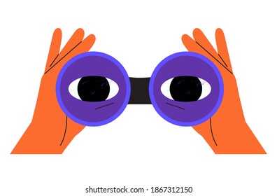 Hands hold binoculars and look through them. Vector illustration for search engine or research, web surfing. Trendy outline vector cartoon element for web, ui or application design.