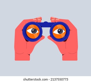 Hands hold binoculars and look through them. Vector illustration for search engine or research, web surfing. Trendy vector cartoon element for web, ui or application design.