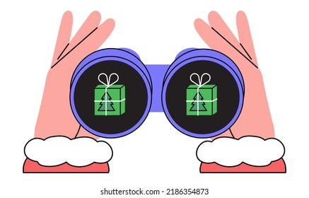 Hands hold binoculars and look through them. Eyes searching for gifts or presents on christmas market or sale. Vector illustration for website, social media advertising, ui or application design.