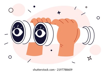 Hands hold binoculars and look through them. Big eyes looking for. Concept of searching for opportunities, decisions, spying, business ideas.