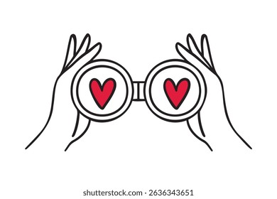 Hands hold binoculars and look through with red hearts eyes. Fall in love is a concept. web surfing Doodle outline vector crayon charcoal ink element. Vector illustration