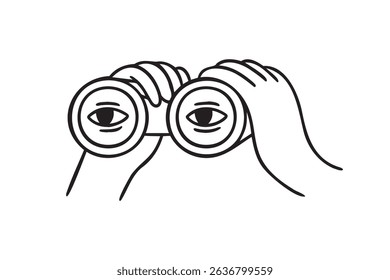Hands hold binoculars and look through. outline web surfing or search engine concept, research. Doodle vector crayon charcoal ink element. Vector illustration