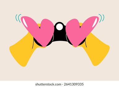Hands hold binoculars and look through eyes with hearts full of love. Colorful vector illustration