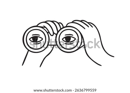 Hands hold binoculars and look through. outline web surfing or search engine concept, research. Doodle vector crayon charcoal ink element. Vector illustration