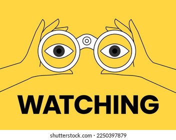 Hands hold binoculars. Search engine or research. big eyes looking forward through lenses. Concept of vision, spying. Future strategy, business opportunity, exploration. Trendy vector illustration.