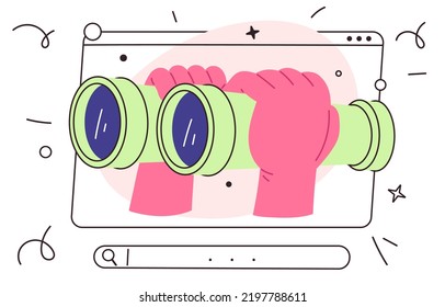 Hands hold binoculars and search info. Concept of web searching. Technology and internet. Flat vector illustration