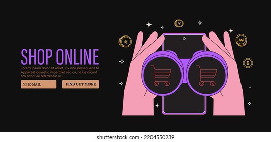 Hands hold binoculars with shooping cart search presents, gifts online in store or shop through mobile application on smartphone. Concept of sale, discount for web or socila media banner. Black friday