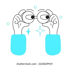 Hands hold binoculars vector in doodle  online style  Human looking through binoculars  Search engine concept in line art style  Research process  web surfing illustration 