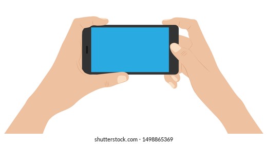 hands hold black smartphone with touchscreen in horizontal position.vector illustration isolated on white background.10 eps.