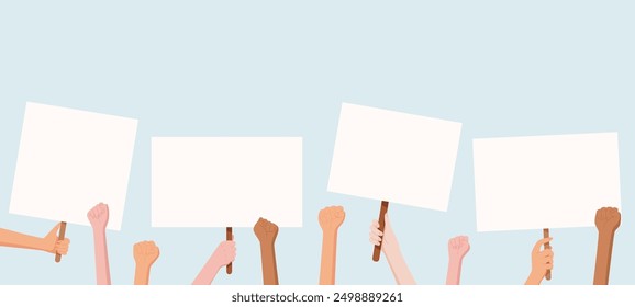 Hands hold blank protest signs, representing a community gathering. People from the community raise banners with their united message. Hand display placards to show strength and solidarity.