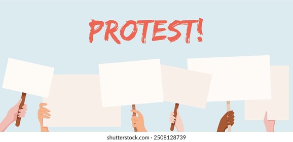 Hands hold blank protest signs beneath a large PROTEST headline. This template demonstrates people united in solidarity, showcasing community support and collective strength in their demonstration.