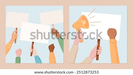 Hands hold blank protest signs with megaphone and raised fist. This social media template captures people in protest, demonstrating strong community support and solidarity with banners and placard.