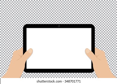 Hands hold blank screen tablet.