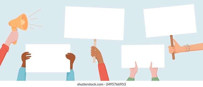 Hands hold blank signs during an election demonstration. The diverse group of people wields template boards and placards for political rally and vote campaign. The crowd supports politics and election