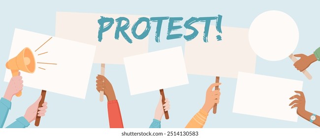 Las manos sostienen carteles en blanco y un megáfono debajo de un llamativo Anuncio PROTESTA. Esta Plantilla de medios sociales enfatiza la Asistencia y solidaridad de la comunidad, mostrando fortaleza y voces unificadas en una protesta.