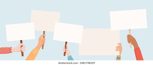 Hands hold blank signs and placards at a protest. The crowd demonstrates strength and solidarity. People, men and women, show community support and empowerment with template banners.