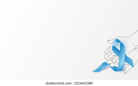 Hands Hold Blue  Prostate Cancer Awareness Ribbon. Vector illustration