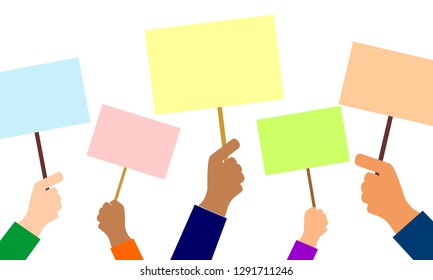 Hands hold a board for advertising or a messages. Vector graphic illustration.