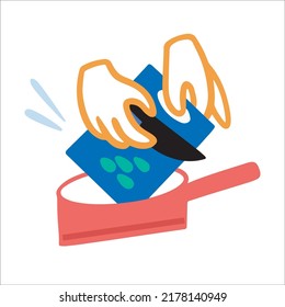 Hands hold a board with chopped vegetables and pour it into a hot pan with a knife. Cooking. Vector illustration in flat cartoon style. 