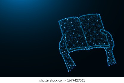 Hands hold a book made from points and lines on dark blue background, Gain knowledge wireframe mesh polygonal vector illustration