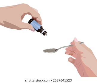 hands hold a bottle with allergy drops and hold a spoon, measure out drops for treatment