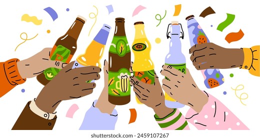 Las manos sostienen botellas con diferentes bebidas. Fiesta divertida con amigos. Celebrar un cumpleaños, Nuevo año o boda. Ilustración vectorial aislada sobre fondo transparente.