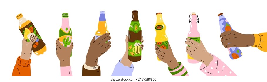 Hands hold bottles with different drinks. Fun party with friends. Celebrating a birthday, New Year or wedding. Vector illustration isolated on transparent background.