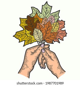 Hands hold a bouquet of autumn leaves. Sketch scratch board imitation color.