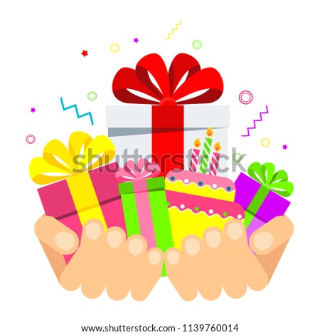 Hands hold boxes with gifts. Surprise for a holiday, birthday or Christmas. Flat vector cartoon illustration. Objects isolated ongreen background.